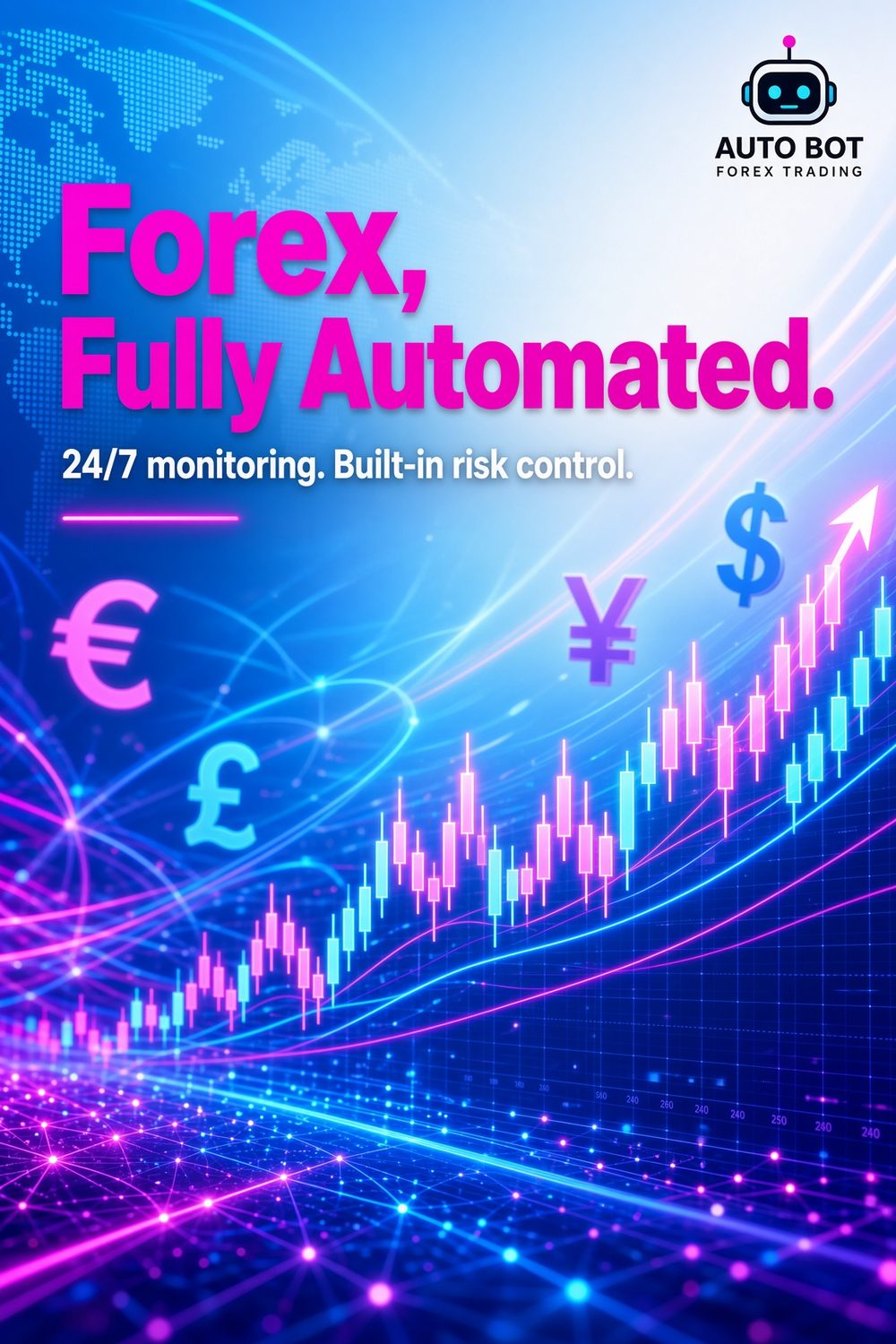 Forex fully automated trading dashboard with candlestick chart, currency symbols, and upward trend line