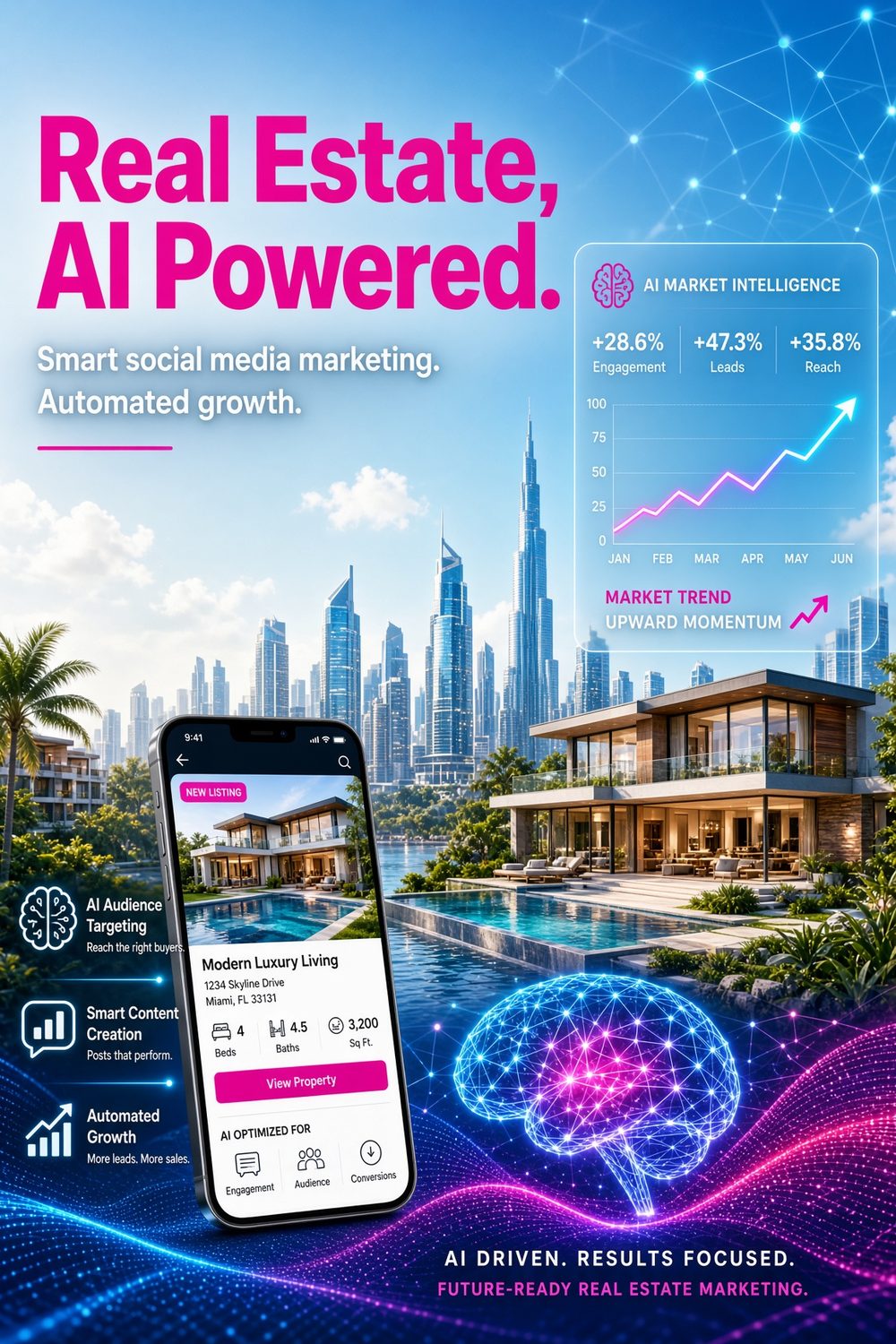 AI property match — modern oceanview villa, luxury family estate, and downtown penthouse listing cards with hot lead and new listing tags