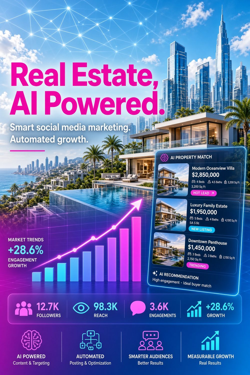 Real estate market growth chart, engagement, leads, and reach percentage increases, and AI audience insights breakdown